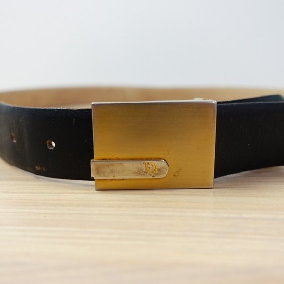 Christian Dior Belt Mens Black Leather Buckle 36 Authentic Logo Full Grain Rare - Picture 1 of 15